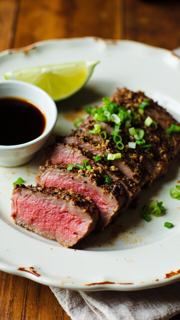A thick tuna steak with a sesame-crusted edge, sliced to reveal a rare pink center, arranged on a rustic white plate. There’s a drizzle of soy sauce on the side, green onions sprinkled over the top, with a wedge of lime on the edge. The background is a wooden table, with a cloth napkin for a relaxed dinner feel. A thick tuna steak with a sesame-crusted edge, sliced to reveal a rare pink center, arranged on a rustic white plate. There’s a drizzle of soy sauce on the side, green onions sprinkled over the top, with a wedge of lime on the edge. The background is a wooden table, with a cloth napkin for a relaxed dinner feel.