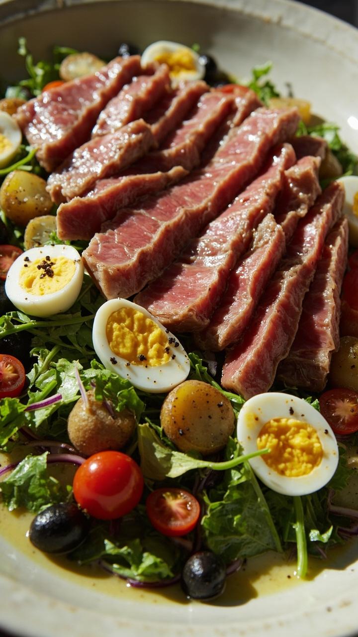 Sliced rare tuna steak fanned over a bed of crisp mixed greens with cherry tomatoes, halved boiled eggs, steamed green beans, olives, and boiled baby potatoes. All components are neatly sectioned on a large ceramic platter, drizzled lightly with vinaigrette. Sliced rare tuna steak fanned over a bed of crisp mixed greens with cherry tomatoes, halved boiled eggs, steamed green beans, olives, and boiled baby potatoes. All components are neatly sectioned on a large ceramic platter, drizzled lightly with vinaigrette.