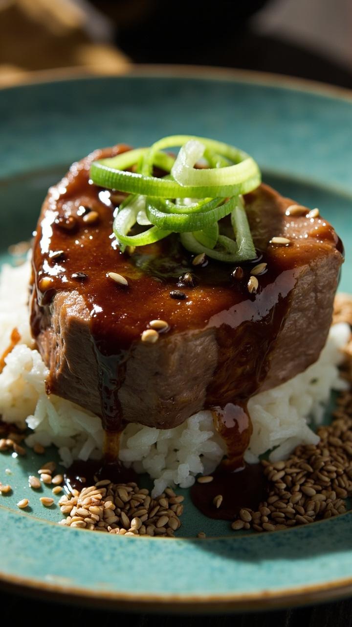 A juicy tuna steak coated in a shiny, dark teriyaki glaze, garnished with sliced green onions and a sprinkle of sesame seeds. The steak is set on a simple mound of white rice, served on a teal ceramic dinner plate. A juicy tuna steak coated in a shiny, dark teriyaki glaze, garnished with sliced green onions and a sprinkle of sesame seeds. The steak is set on a simple mound of white rice, served on a teal ceramic dinner plate.