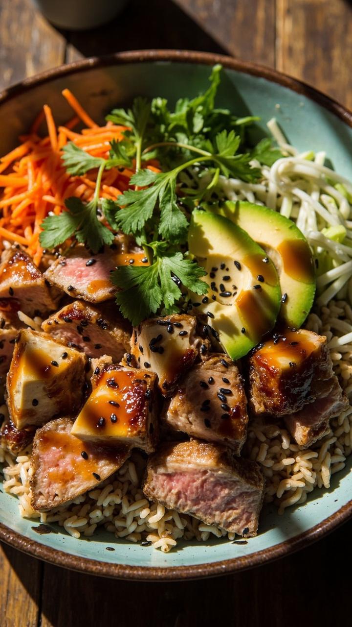 A wide shallow bowl layered with cubed seared tuna steak, avocado slices, brown rice, shredded carrots, cucumber ribbons, and a squeeze of lime. Black sesame seeds and fresh cilantro are sprinkled on top. A wide shallow bowl layered with cubed seared tuna steak, avocado slices, brown rice, shredded carrots, cucumber ribbons, and a squeeze of lime. Black sesame seeds and fresh cilantro are sprinkled on top.