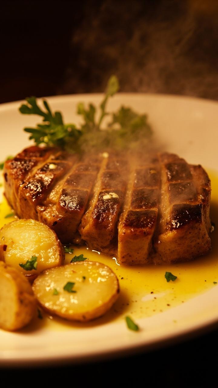 A golden-brown tuna steak, sliced and drizzled with garlic butter, steam rising off the plate. Bits of chopped parsley and glistening melted butter are pooled around, with a few roasted baby potatoes alongside. A golden-brown tuna steak, sliced and drizzled with garlic butter, steam rising off the plate. Bits of chopped parsley and glistening melted butter are pooled around, with a few roasted baby potatoes alongside.