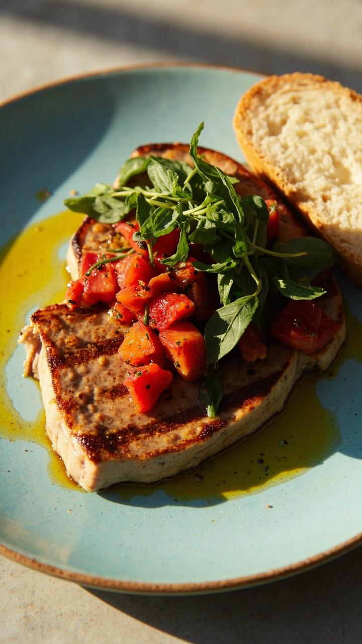 A pale blue plate with a grilled tuna steak, topped with a chunky tomato and basil relish. Olive oil is drizzled over, and there are fresh basil leaves fluttering on top. A chunk of sourdough is off to the side. A pale blue plate with a grilled tuna steak, topped with a chunky tomato and basil relish. Olive oil is drizzled over, and there are fresh basil leaves fluttering on top. A chunk of sourdough is off to the side.