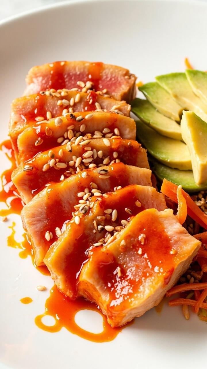 Sliced tuna steak with a glossy, red-orange Sriracha glaze, sprinkled with toasted sesame seeds. The slices are arranged in a fan on a white plate, with sliced avocado and shredded carrots on the side. Sliced tuna steak with a glossy, red-orange Sriracha glaze, sprinkled with toasted sesame seeds. The slices are arranged in a fan on a white plate, with sliced avocado and shredded carrots on the side.