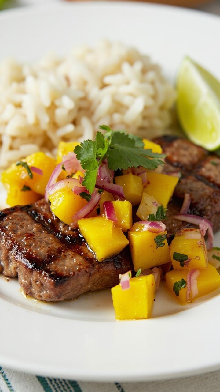 A thick pan-seared tuna steak topped with chunky mango salsa, the colors bold—yellow mango, red onion, green cilantro—served on a white dinner plate with a scoop of rice and a wedge of lime on the side. A thick pan-seared tuna steak topped with chunky mango salsa, the colors bold—yellow mango, red onion, green cilantro—served on a white dinner plate with a scoop of rice and a wedge of lime on the side.