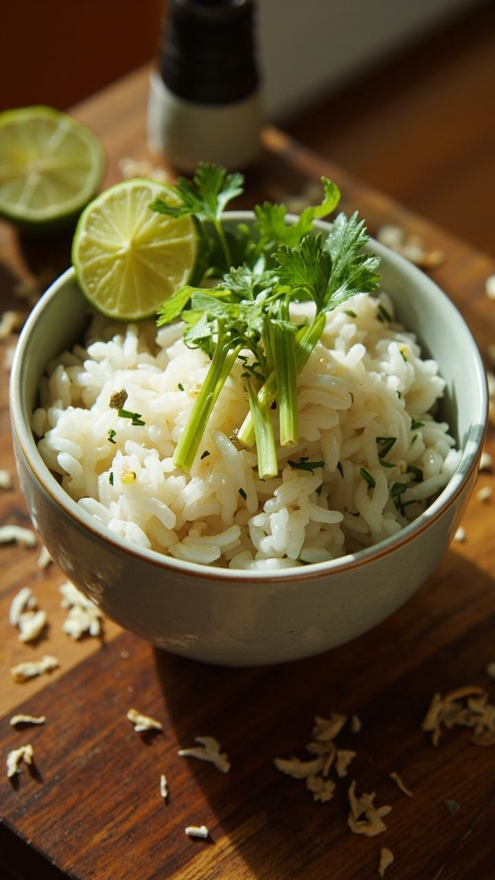 A ceramic bowl filled with pillowy jasmine rice, turned creamy white from coconut milk, flecks of soft green lemongrass, topped with sprigs of cilantro and a wedge of lime, served on a rustic wooden board with a scattering of toasted coconut.