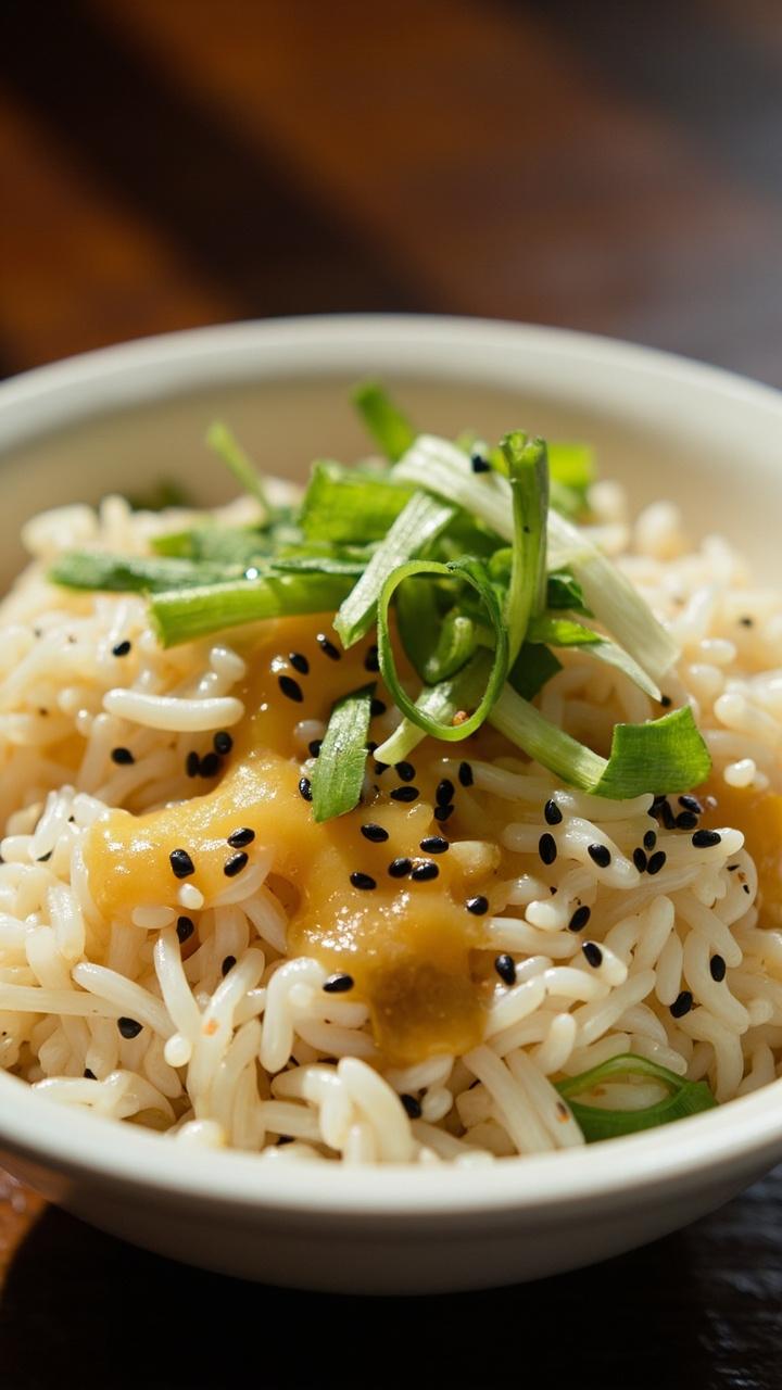 A shallow white bowl with steaming jasmine rice tossed with finely sliced scallions and grated ginger, scattered with extra scallions on top, with a glossy drizzle of sesame oil and tiny black sesame seeds as garnish.