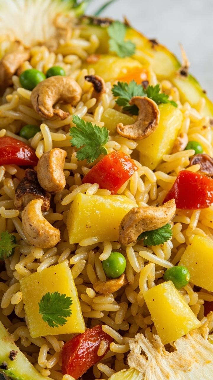 A hollowed pineapple half piled high with golden fried jasmine rice, bright yellow from turmeric, chunks of pineapple, red bell pepper, peas, and scattered with roasted cashews and cilantro.