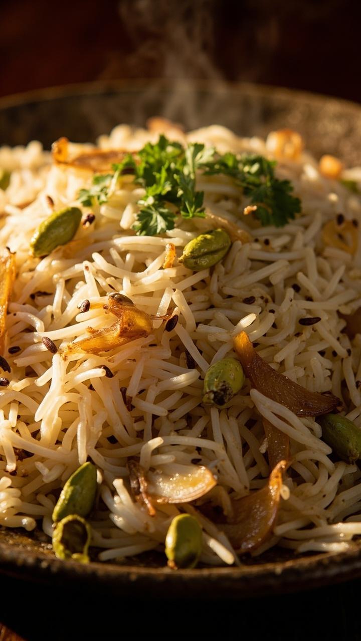 A mound of fluffy jasmine rice on a serving platter, studded with translucent sautéed onions, whole cardamom pods, toasted cumin seeds, and a sprinkle of chopped parsley.