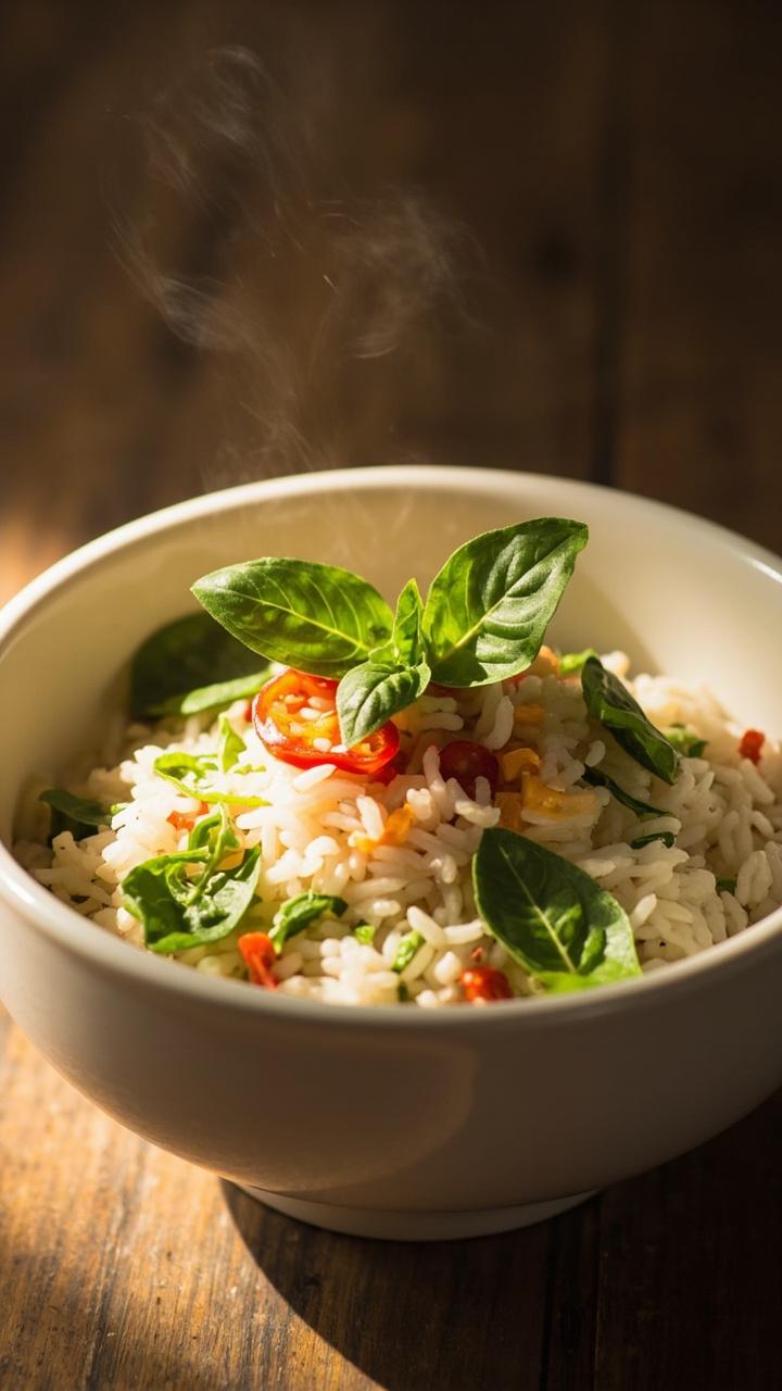 A bowl lined with fresh green Thai basil leaves, studded throughout the steaming rice, with specks of red sliced chili pepper, and a few scattered basil leaves on top.