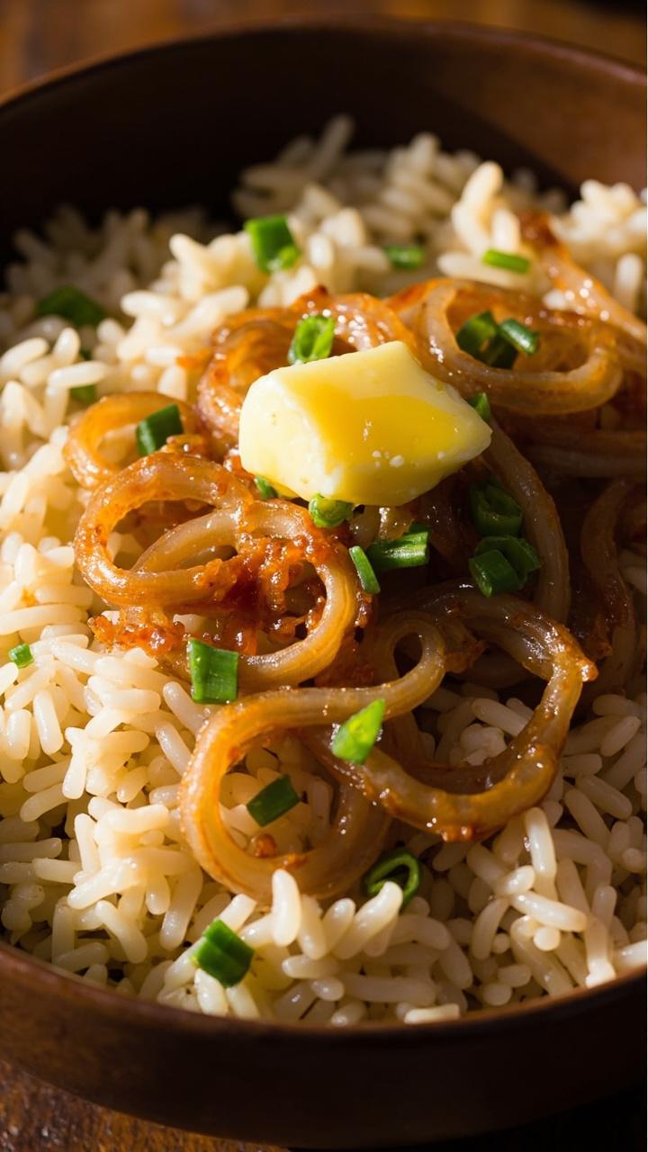 Jasmine rice heaped in a deep bowl with a generous layer of golden brown caramelized shallot rings on top, a sprinkling of chopped chives, and a glossy sheen from just-melted butter.