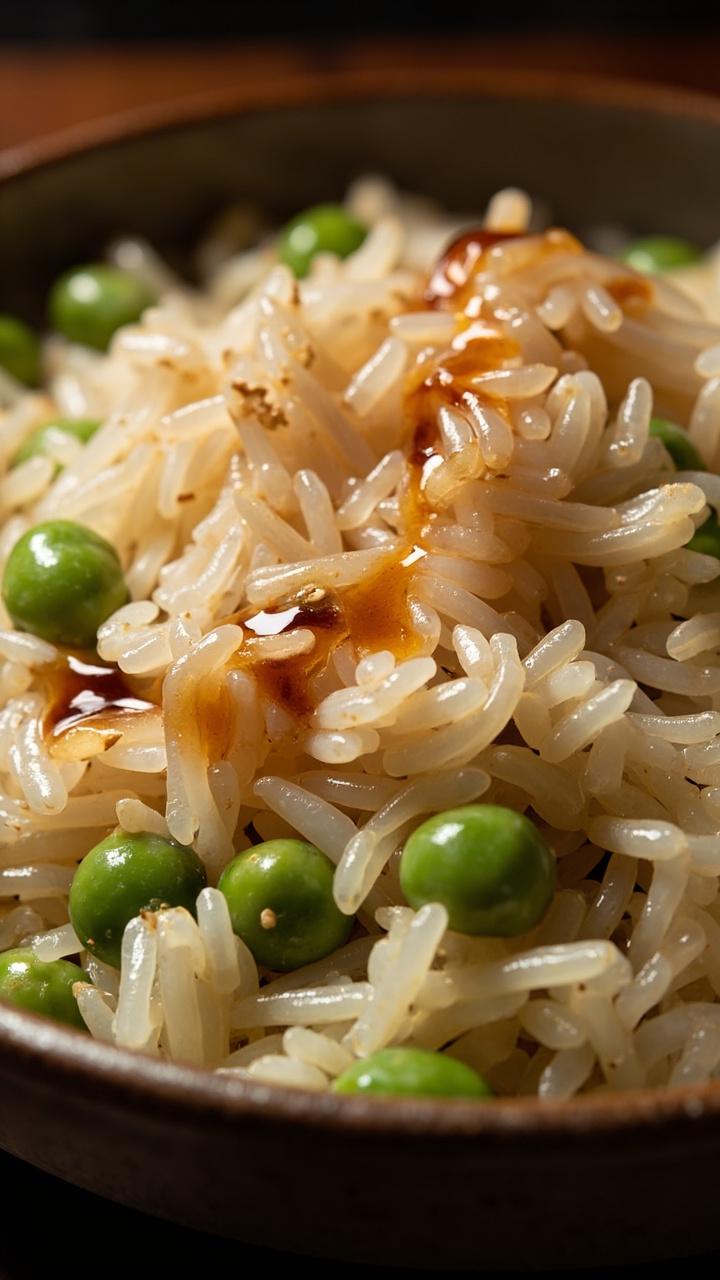 A wide bowl with fluffy jasmine rice, bright green shelled edamame dotted throughout, a light scatter of toasted sesame seeds and a micro drizzle of soy sauce on top.