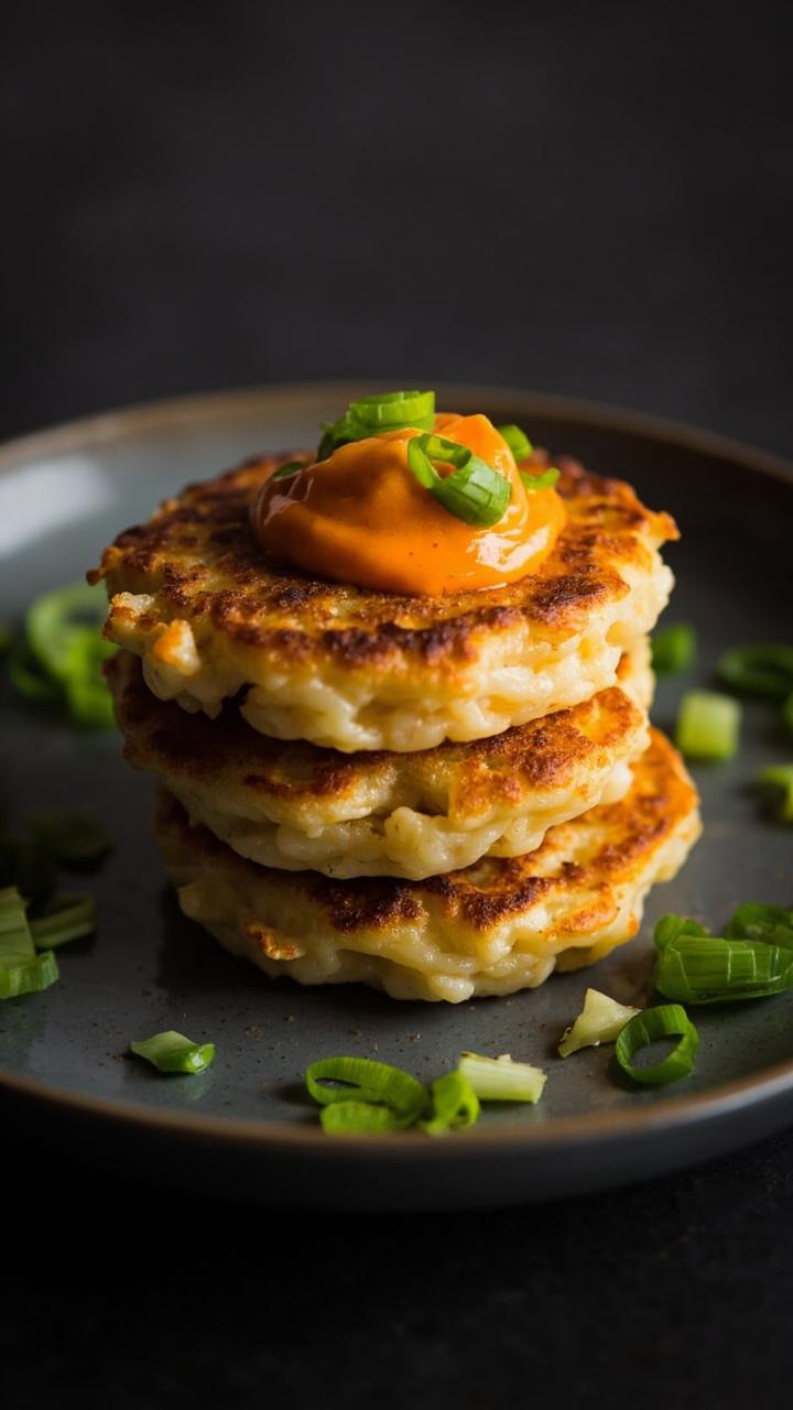 Three round golden rice cakes stacked on a dark plate, crispy edges visible, with a dollop of sriracha mayo and chopped green onions scattered over.