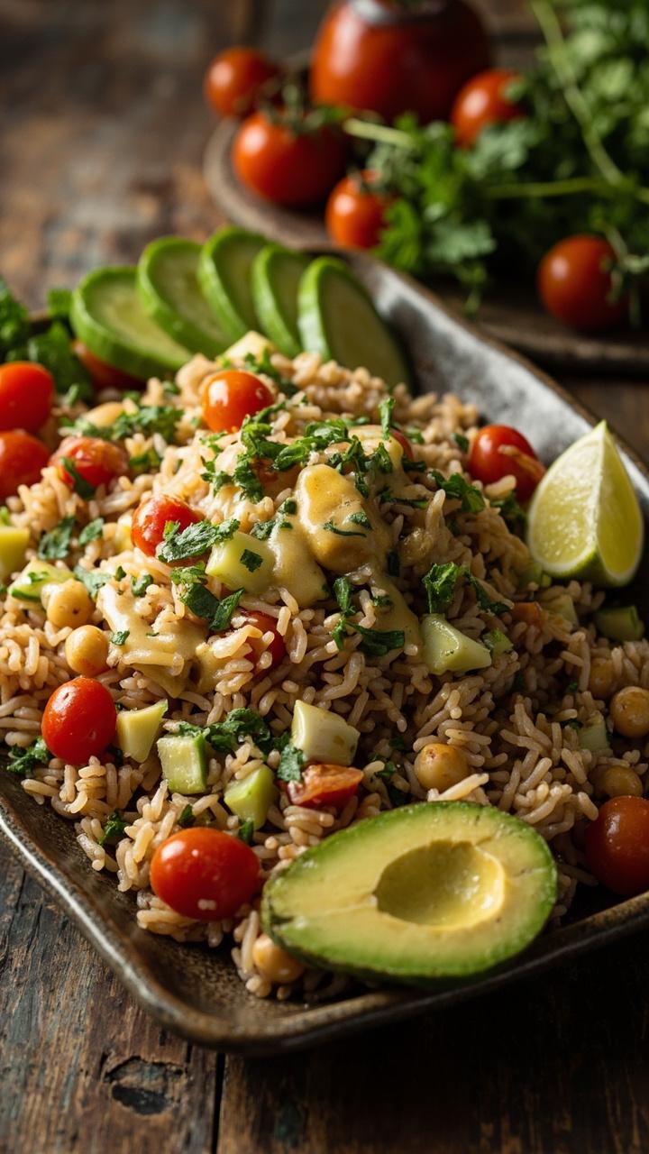 A shallow ceramic platter with fluffy brown jasmine rice, tumbled with chickpeas, cherry tomatoes, diced cucumber, herbs, and a drizzle of lemony dressing. Sliced avocado fans on the side.
