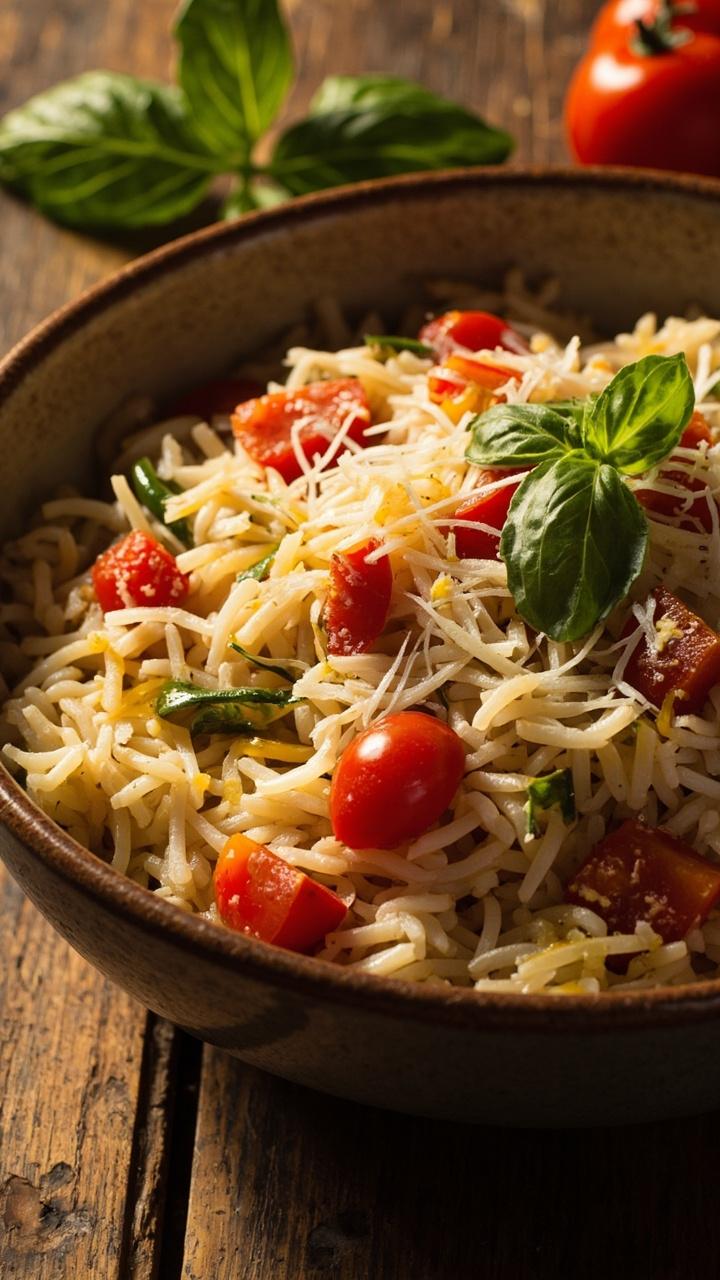 A shallow, wide bowl with creamy jasmine rice, scattered with diced fresh tomatoes and torn basil leaves, finished with a dusting of parmesan and a drizzle of olive oil.