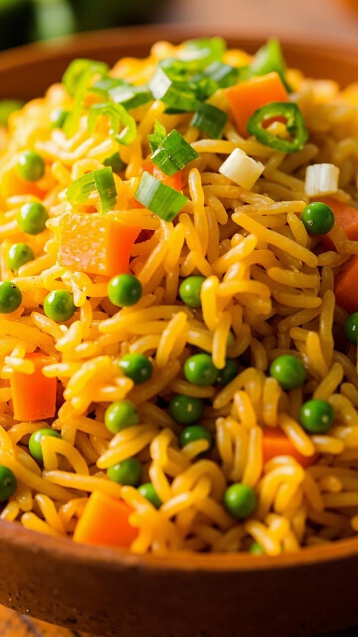 Jasmine rice tinted golden yellow from curry powder, dotted with green peas and orange carrot cubes, piled in a large serving bowl and garnished with chopped green onion.