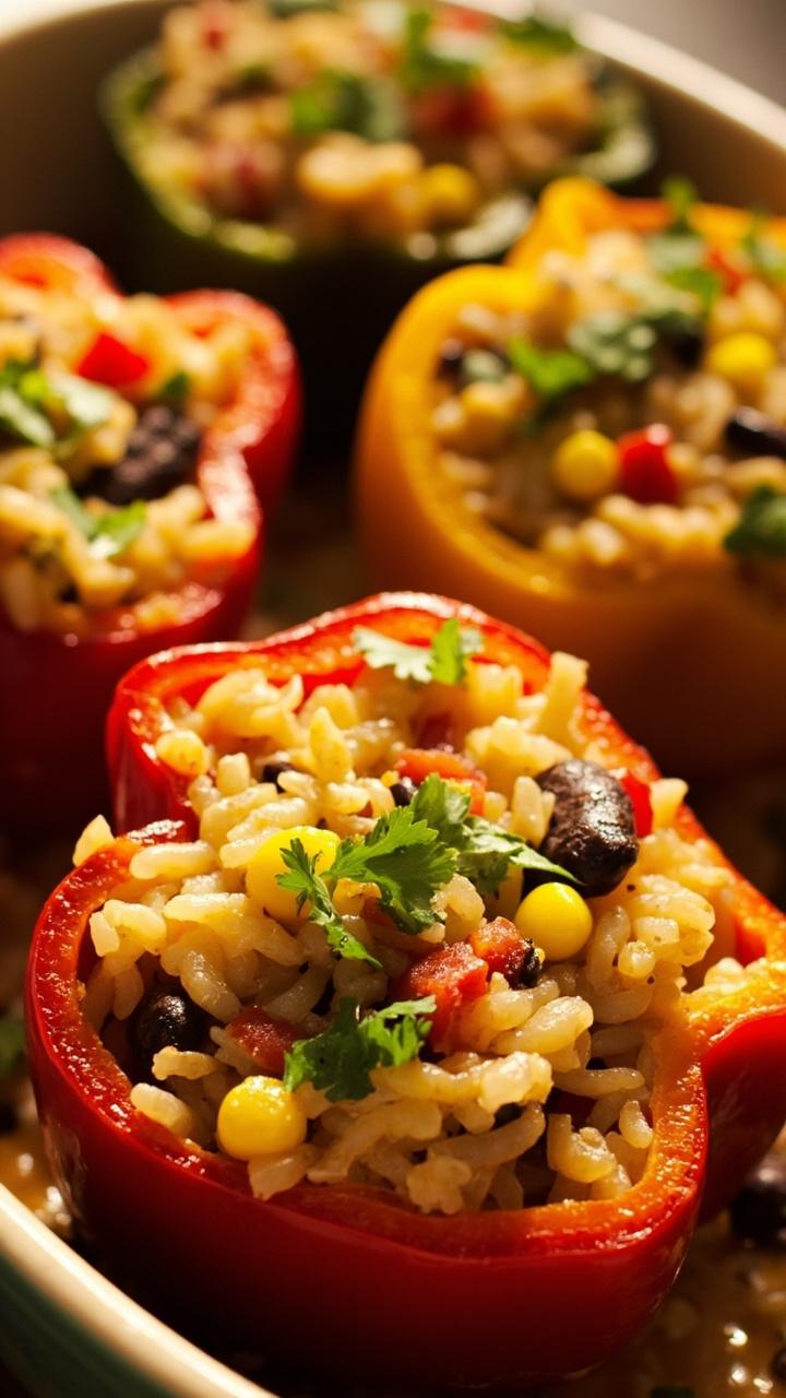 Colorful halved bell peppers in a baking dish, each filled with jasmine rice, tomatoes, corn, and black beans, baked until tender, and finished with a sprinkle of fresh parsley.