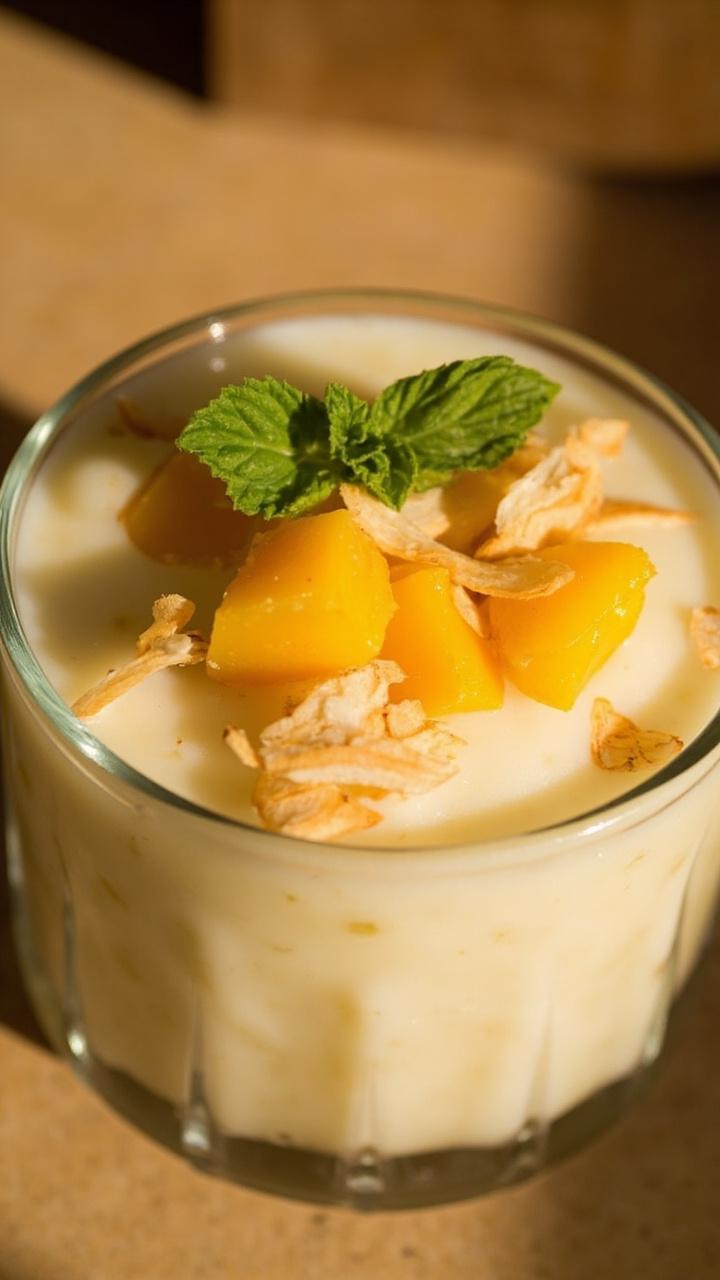 A small glass dessert bowl with creamy white rice pudding, chunks of golden mango on top, a sprinkle of toasted coconut flakes, and a mint sprig.