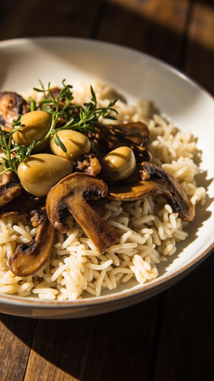 A wide white bowl filled with jasmine rice, topped generously with caramel-brown roasted mushroom slices and whole roasted garlic cloves, finished with fresh thyme leaves.