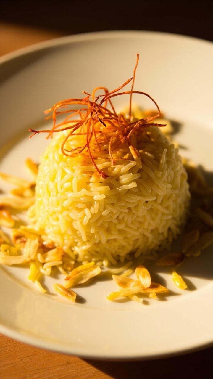 A graceful serving plate of pale yellow saffron-infused jasmine rice, scattered with golden toasted almond slivers and a few strands of saffron on top.