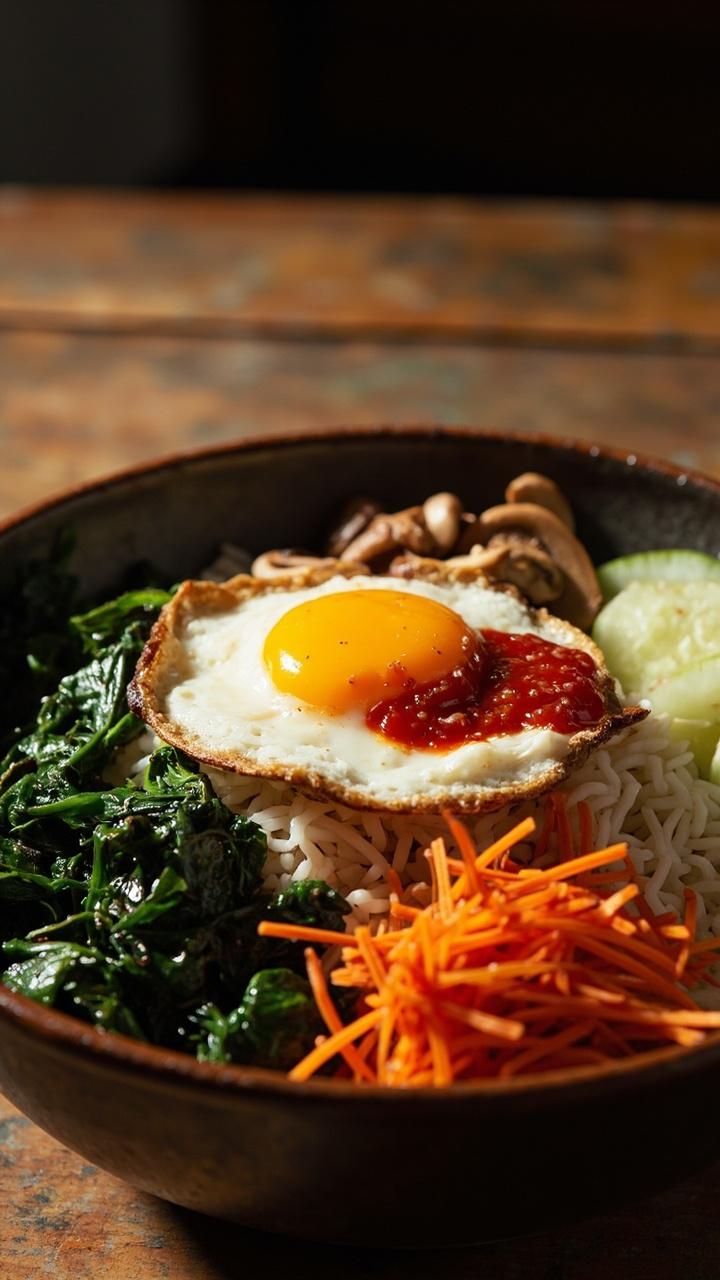 A deep bowl of jasmine rice in the center, surrounded by neat piles of sautéed spinach, carrot matchsticks, shiitake mushrooms, sliced cucumber, topped with a fried egg and a dollop of bright red gochujang paste.