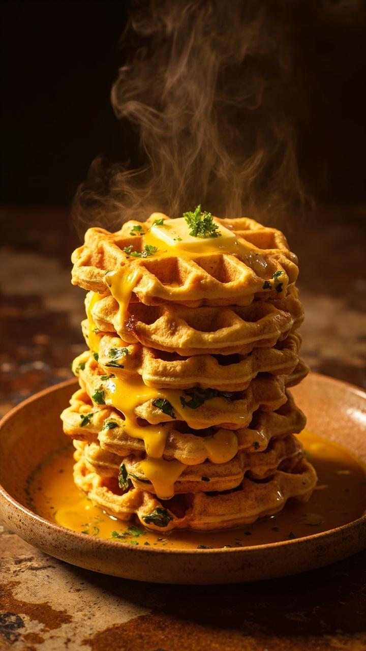 A stack of thick, golden-brown waffles flecked with green herbs and cheddar, steam curling up, served on a rustic ceramic plate with softened butter melting into the crevices and a sprinkle of extra parsley.