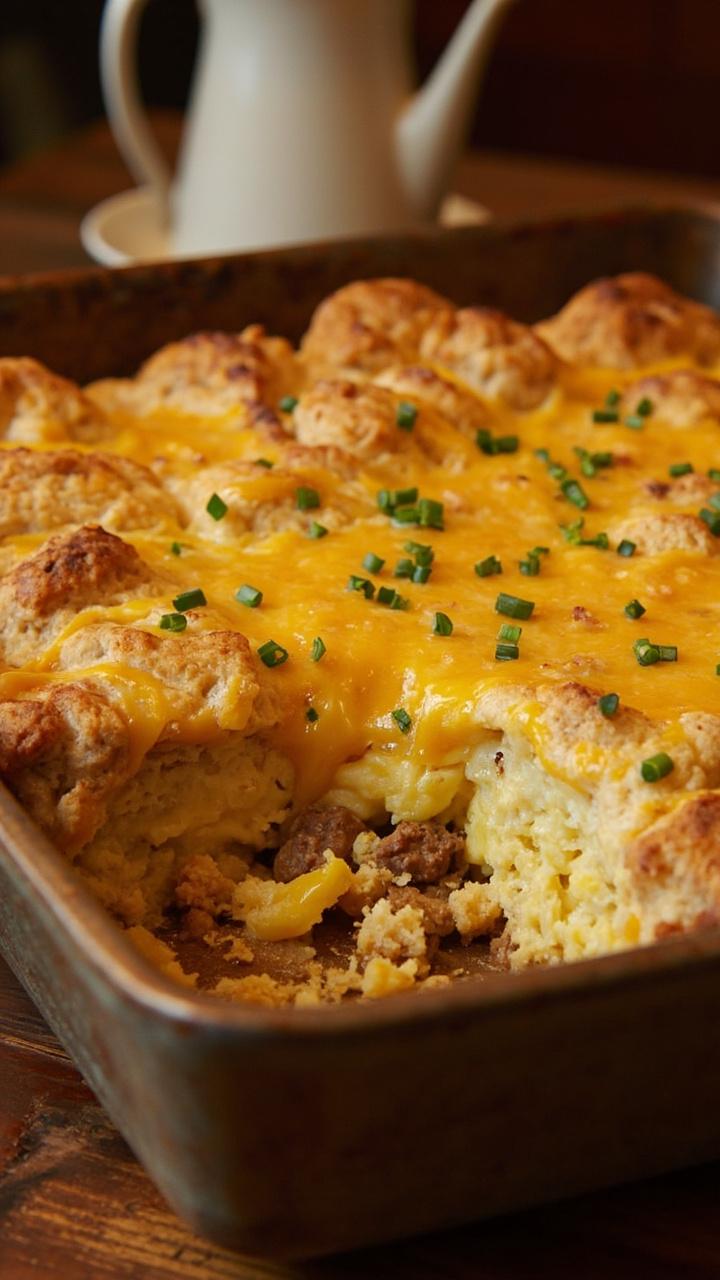 A baking dish layered with golden biscuit chunks, fluffy scrambled eggs, sausage crumbles, and a gooey cheddar blanket on top, garnished with a little chive, sitting on a wood kitchen table.