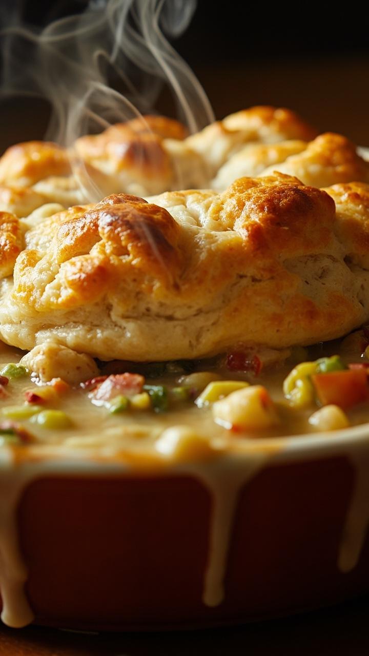 A bubbling ceramic dish filled with a thick, creamy chicken and vegetable stew, topped with a golden, slightly uneven biscuit crust peeking up in pillowy sections, a little bit of filling oozing over the edge.