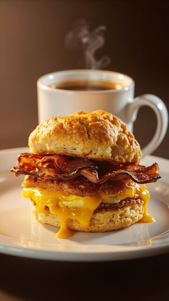 A biscuit split open and stacked high with a fluffy egg patty, crispy bacon, and melted cheese, propped up on a white plate alongside a mug of coffee.