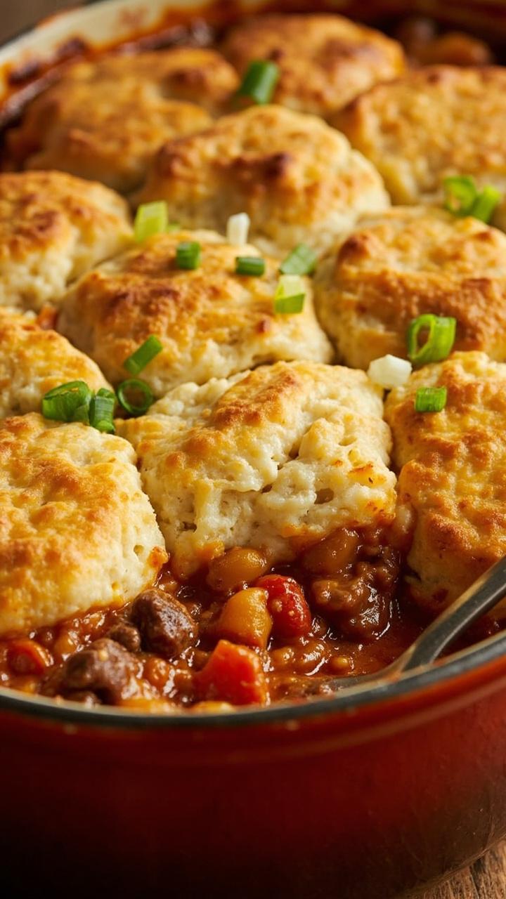 A deep baking dish full of chunky beef chili, topped with big, golden drop biscuits, each soaking up sauce around the edges, with a dusting of chopped green onion.