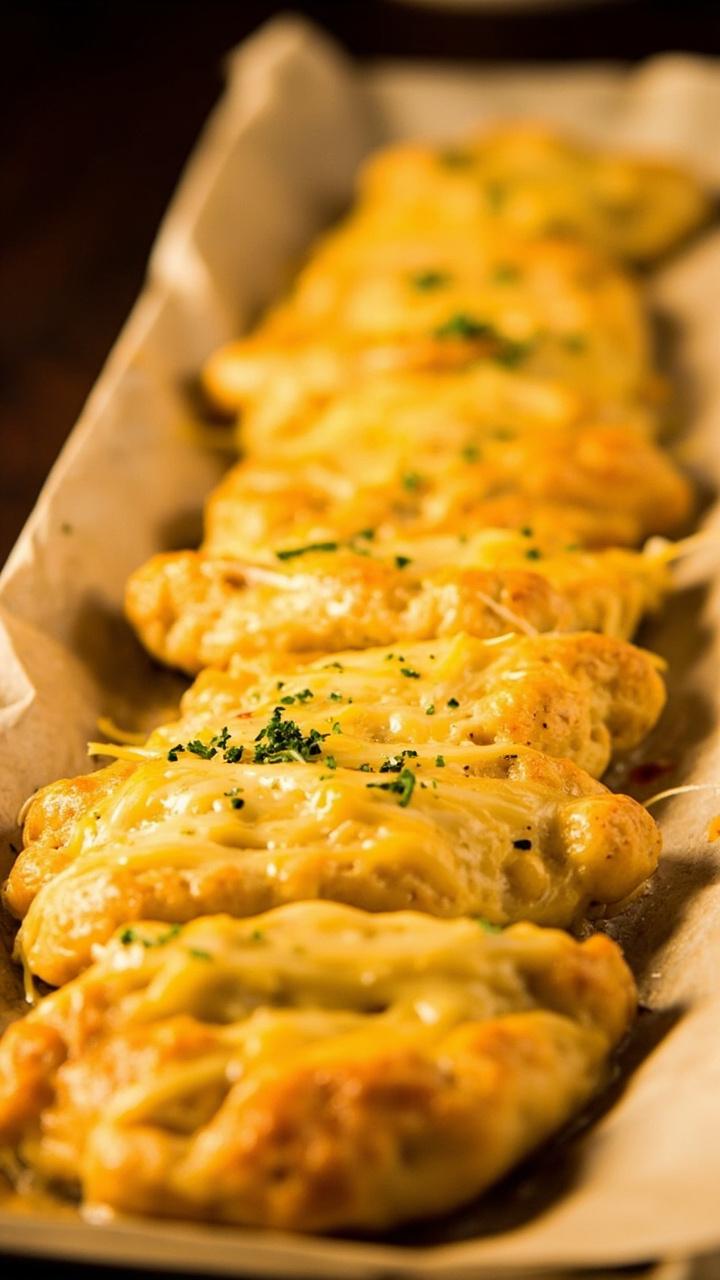 A long platter lined with parchment holds golden breadstick-shaped biscuits, brushed with melted garlic butter, a few cheese strands peeking out, and a scattering of chopped parsley.