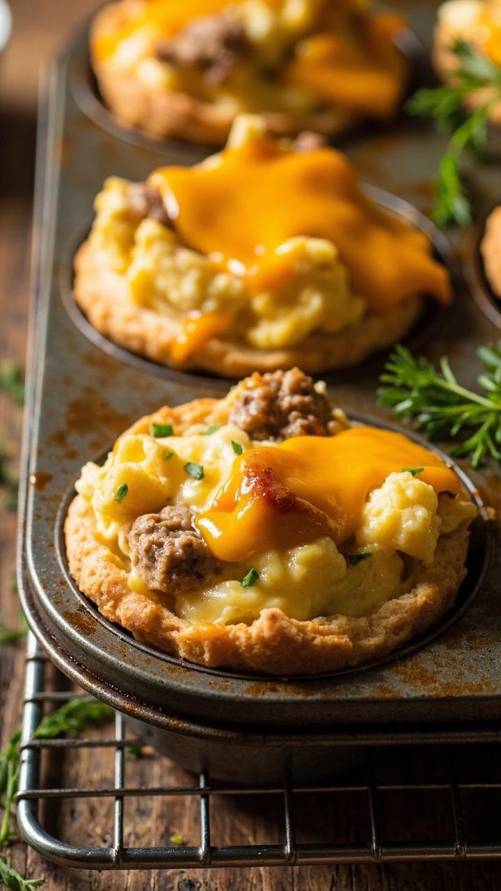 A muffin tin with golden, round biscuit cups filled with egg, sausage crumbles, and cheddar, set on a wire rack with a few scattered fresh herbs.