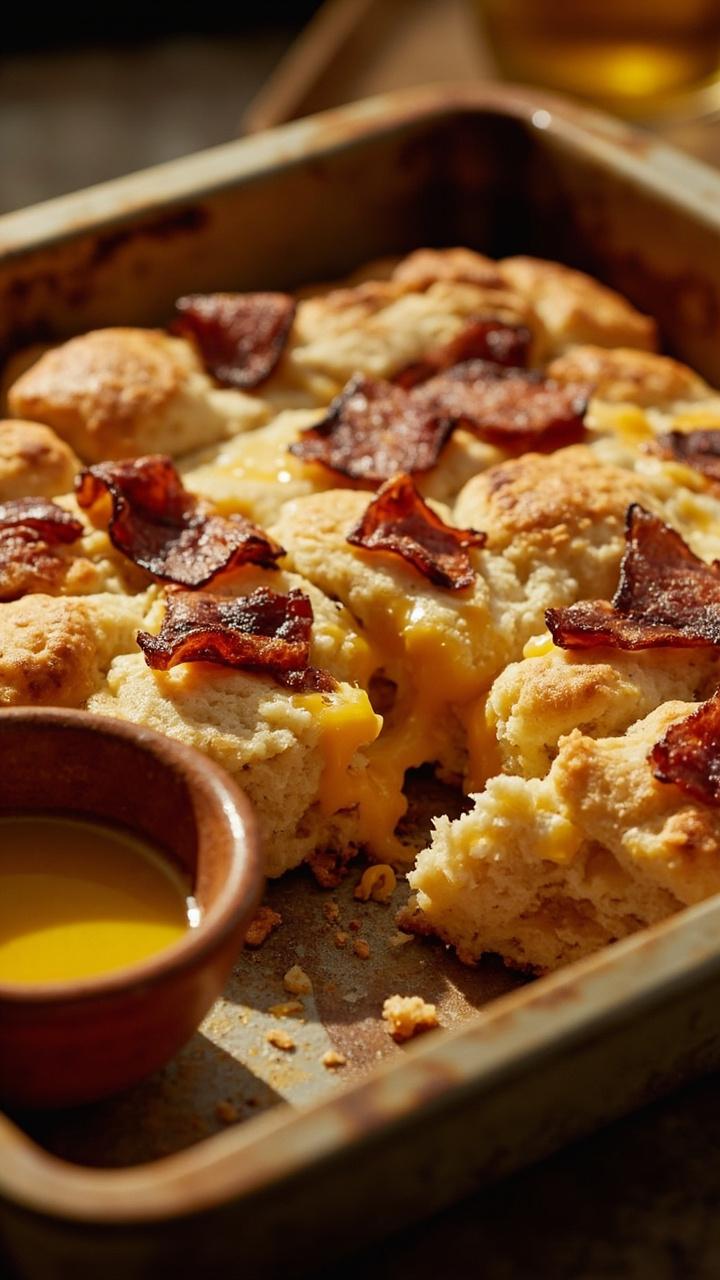 A shallow baking dish holds a thick, golden biscuit slab studded with crisp bacon pieces and melty cheddar, sliced into rustic squares, with a side bowl of olive oil for dipping.