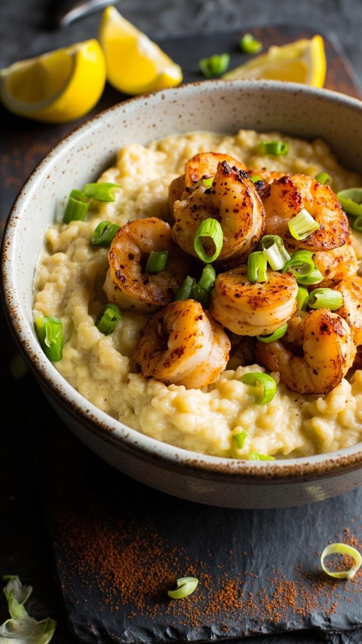A wide bowl heaped with creamy cauliflower grits, topped with seared Cajun-seasoned shrimp and scattered scallions. Lemon wedges and paprika-dusted edges give a pop of color on a slate serving board.