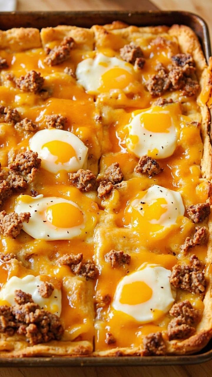 A rectangular sheet pan with a golden, fluffy biscuit crust under a layer of baked eggs, sausage crumbles, and melty cheddar, cut into squares for serving.
