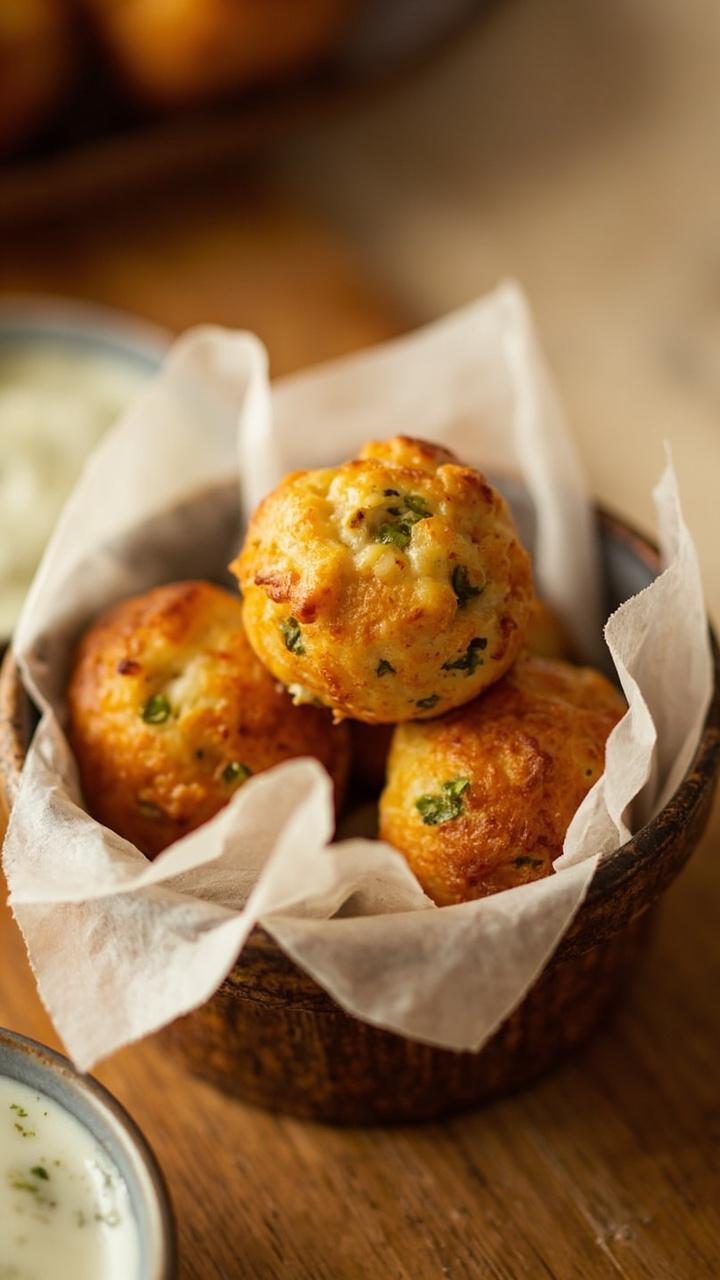 A small bowl lined with parchment holds golden biscuit balls speckled with bits of green jalapeño and cheese, with a small bowl of creamy ranch dipping sauce on the side.