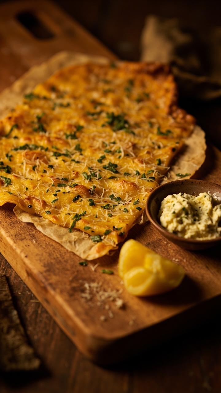 A rustic wooden board shows a golden, thin flatbread sliced into rectangles, flecked with green herbs and specks of Parmesan, with a side dish of whipped herb butter.