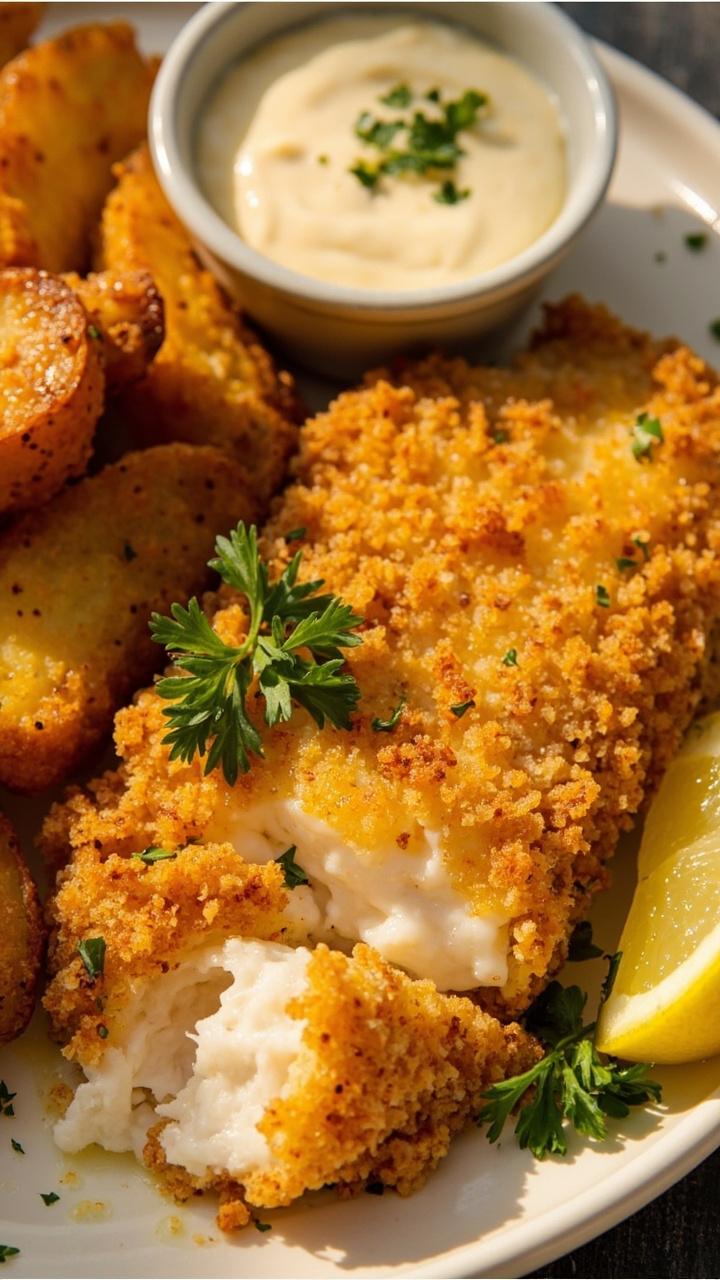 Thick cod fillets coated in golden panko crumbs, nestled on a white plate with a lemon wedge and a sprinkle of chopped parsley. The fish flakes open to reveal tender white flesh. Paired with a ramekin of tartar sauce and a side of air-fried potato wedges.