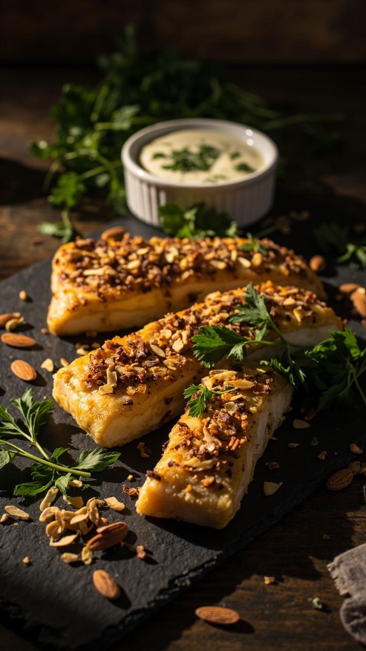 Cod fillets lying on a dark slate board, coated in golden brown chopped almonds, with a scattering of fresh herb leaves and a few toasted almond slivers on the side. A ramekin of creamy herbed yogurt sauce sits nearby.