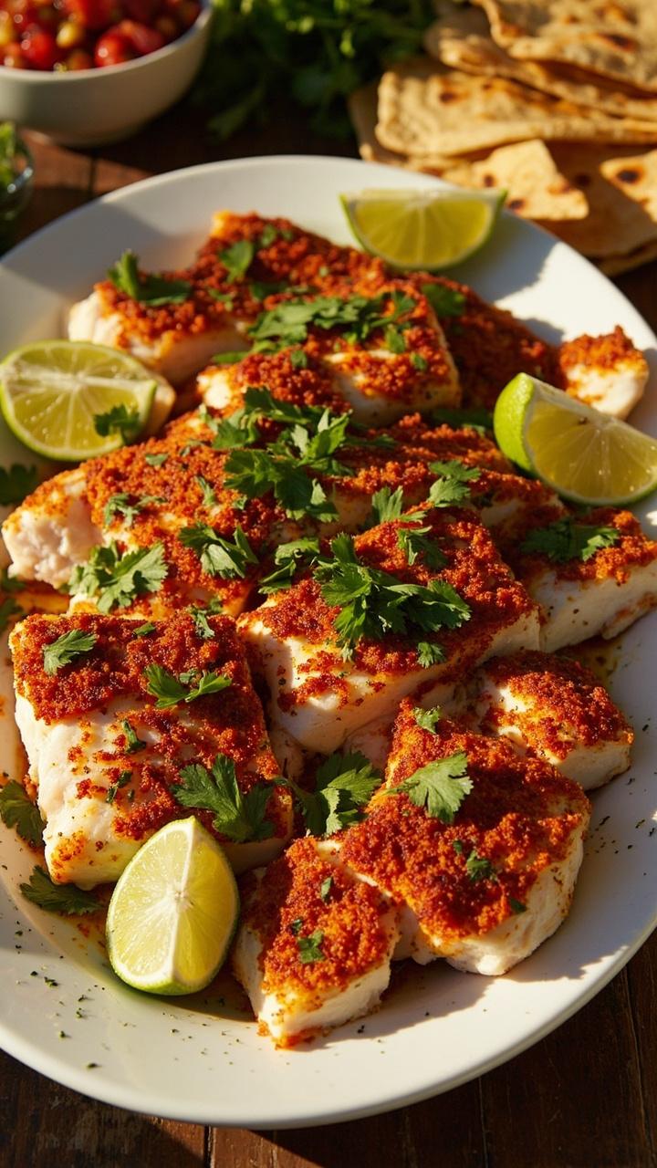 Colorful cod strips coated in a deep orange-red spice rub, served on a white oval platter with lime wedges, sprinkled with chopped cilantro. There are corn tortillas and salsa bowls nearby.