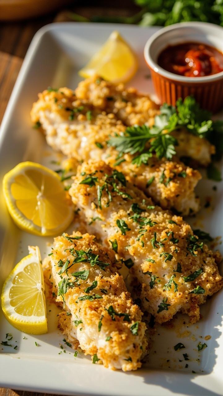 Crunchy cod fillets on a white platter, thickly coated in a golden parmesan and green herb crust. Finished with lemon slices and a handful of parsley. A small cup of marinara sauce sits to the side.