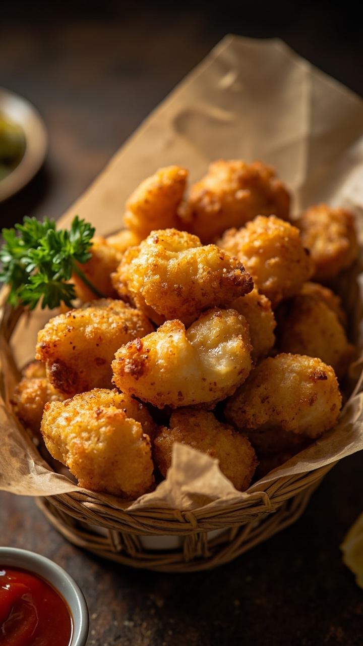 Small, uniformly shaped golden nuggets of cod heaped in a parchment-lined basket, with a side of ketchup and a sprig of parsley. A squeeze of lemon glistens on a few of the nuggets.