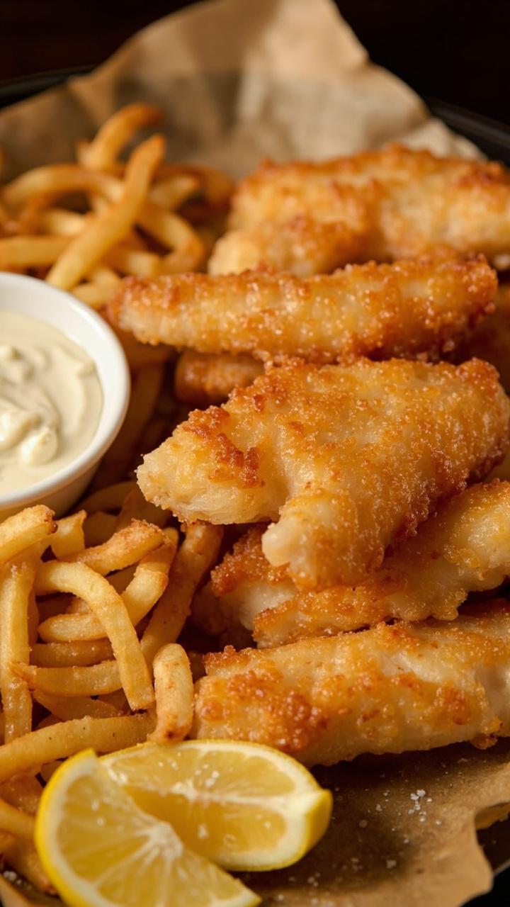 Chunky pieces of cod with a bumpy, extra-crispy batter, stacked on parchment with fries off to one side and a small bowl of tartar sauce. Lemon wedges decorate the edge.