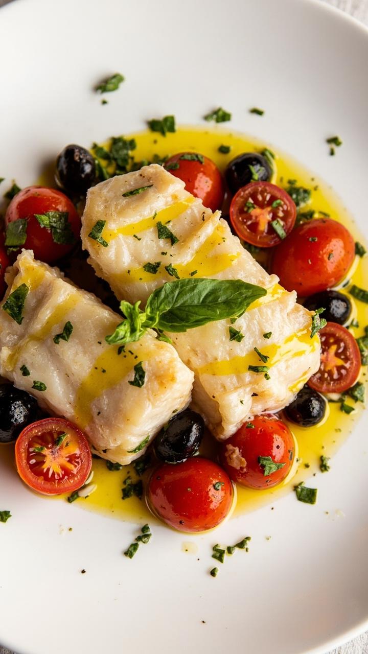 Flaky cod fillets on a white plate, surrounded by a bright medley of halved cherry tomatoes and pitted black olives, garnished with chopped fresh basil. A drizzle of olive oil glistens on top.