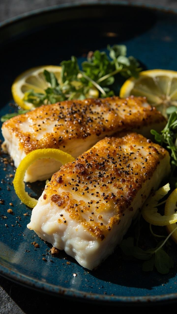 Two large cod fillets, dusted with golden rice flour crust and flecks of black pepper, on a blue ceramic plate. Lemon zest and slices arranged on the side, with a handful of microgreens.
