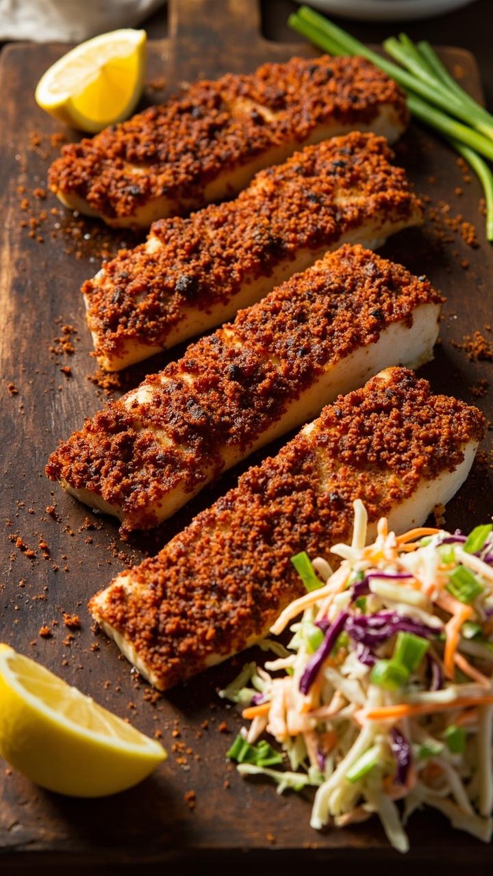 Four cod fillets, each with a deep reddish-brown crust from Cajun spices, served on a dark-toned wood board with a lemon wedge and a side of coleslaw. A sprinkle of chopped green onions finishes the look.