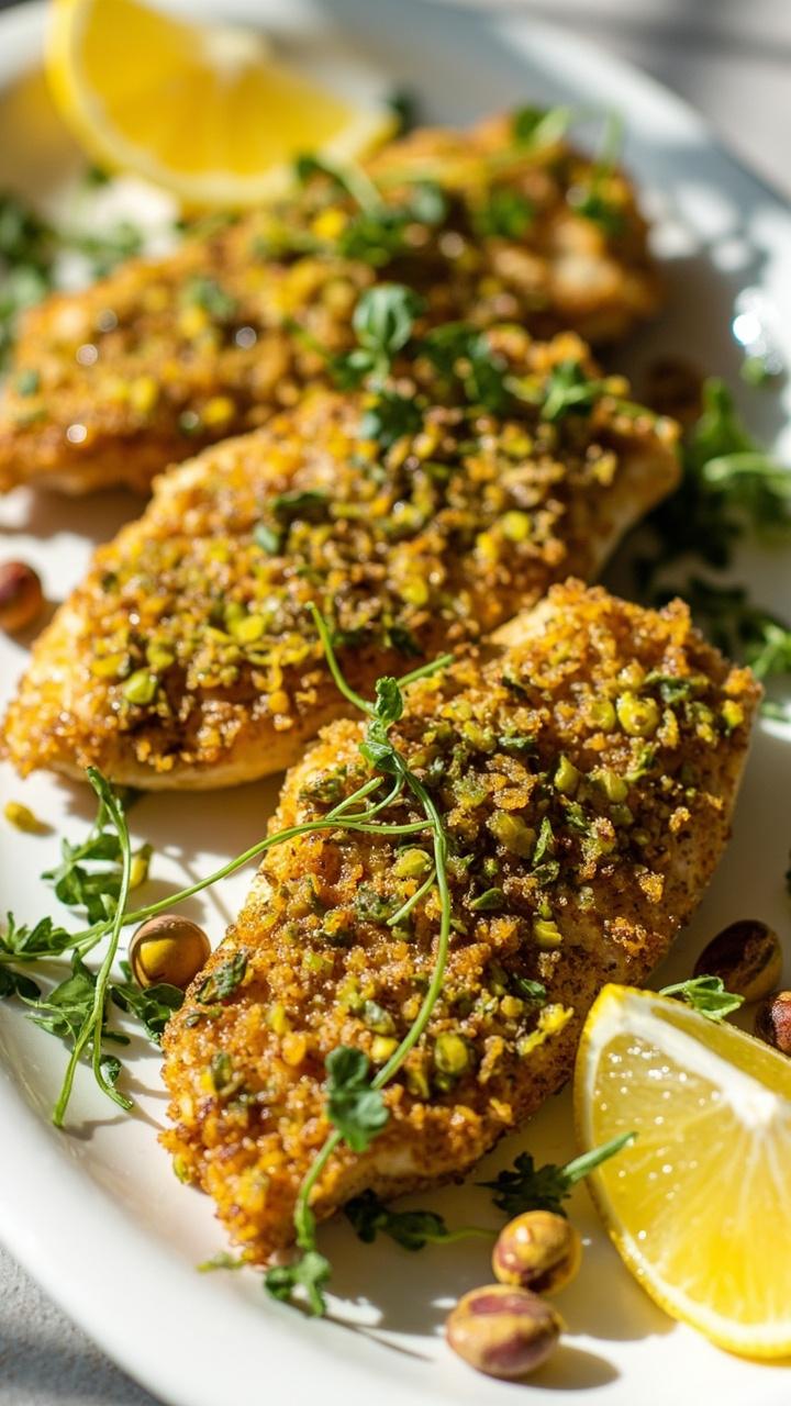 Perfectly crisped fillets of cod coated in bright green crushed pistachios, styled on a white platter with a few whole pistachios scattered nearby. Lemon wedges and a light dusting of microgreens add color.