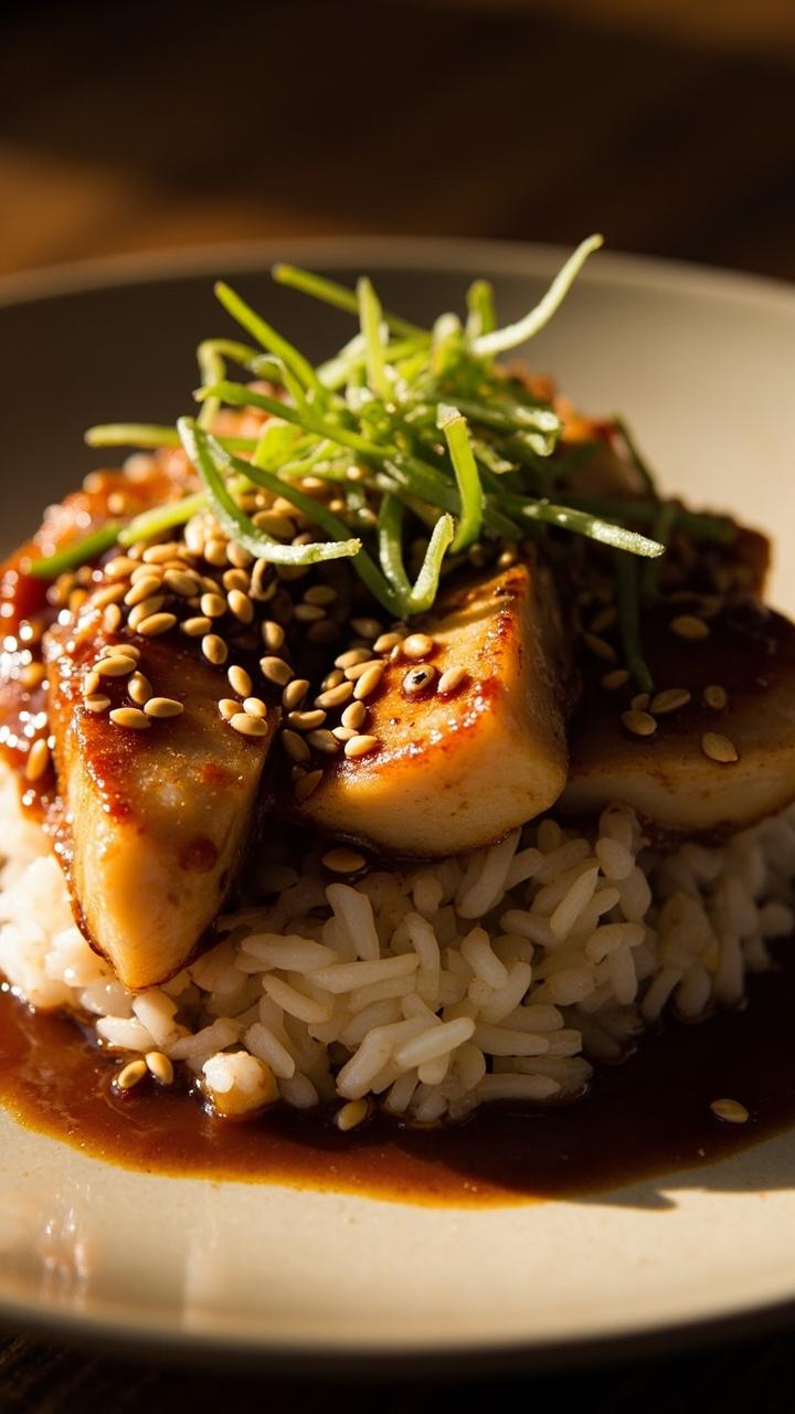 Glossy pieces of cod gently glazed with a brown soy-ginger sauce, arranged over a mound of steamed white rice. There are sprinkled sesame seeds and thin sliced green onions on top.