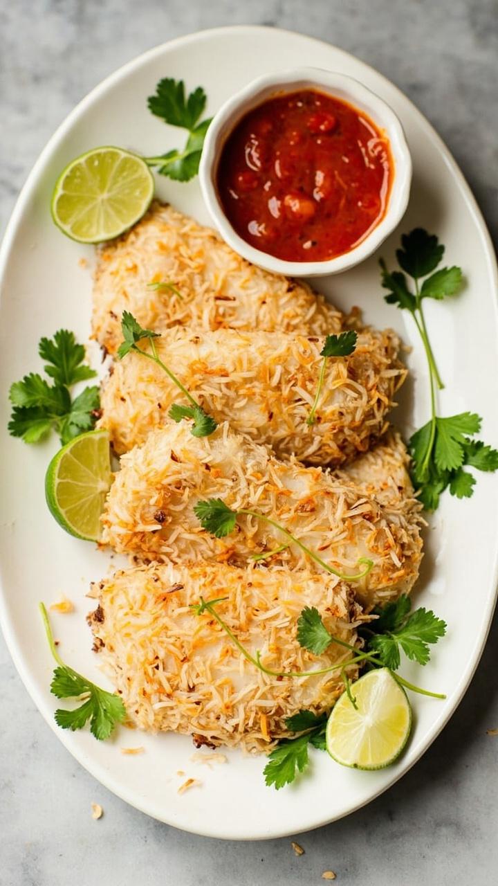 Golden cod fillets coated in shredded coconut, sitting on a white plate with a small bowl of sweet chili dipping sauce. A scattering of fresh cilantro and lime wedges adds color.