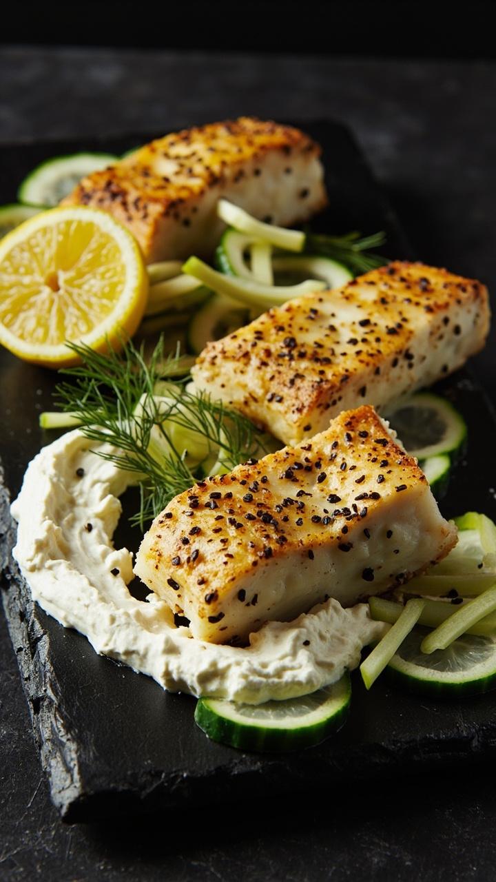 Cod fillets thickly crusted with everything bagel seasoning, served on a black slate plate with a swirl of herbed cream cheese and cucumber ribbons. Lemon wedge and a little dill complete the look.