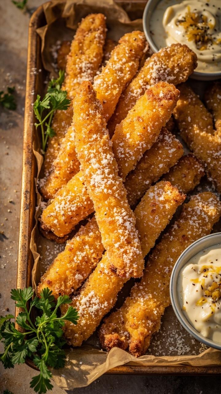Narrow fingers of cod stacked on a parchment-lined tray, the golden coating dusted with extra parmesan. A bowl of tartar sauce sits at the side, plus a few scattered fresh parsley leaves.